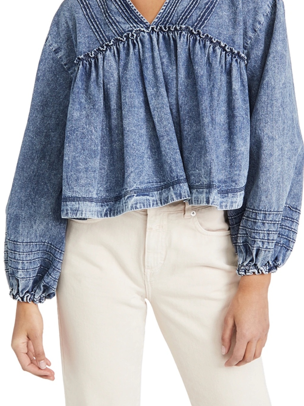 Free People- Charlotte Denim Blouse In Medium Indigo